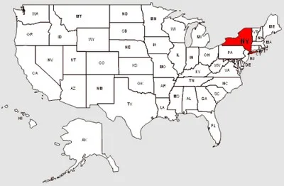 De staat New York in het rood gemarkeerd